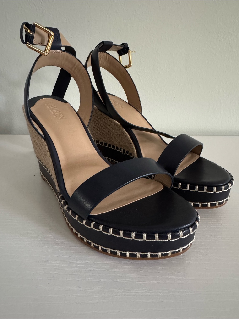 Lauren Ralph Lauren Black Espadrille Wedge Sandals with Gold Buckles